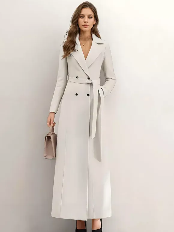 White Longline Woolen Coat Notched Lapel Double Breasted Belted Winter Full Length Outerwear For Women 2026