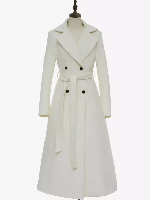 White Longline Woolen Coat Notched Lapel Double Breasted Belted Winter Full Length Outerwear For Women 2026