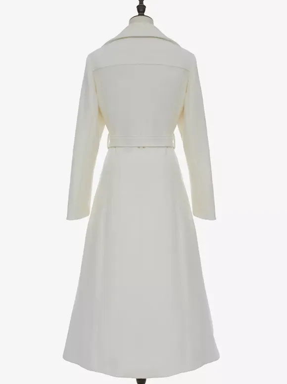 White Longline Woolen Coat Notched Lapel Double Breasted Belted Winter Full Length Outerwear For Women 2026