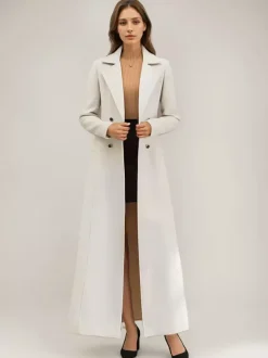 White Longline Woolen Coat Notched Lapel Double Breasted Belted Winter Full Length Outerwear For Women 2026