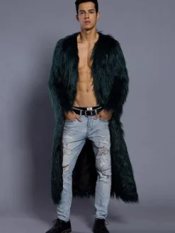 White Overcoat Men Faux Fur Coat V Neck Long Sleeve Long Winter Coat