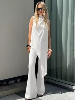 White Satin Draped Mock Neck Sleeveless Top Wide Leg Pants 2 Piece Matching Set