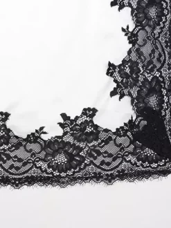 White Satin Halter Deep V Crop Top Black Lace Trim High Slit Maxi Skirt 2 Piece Set