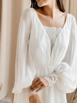 White Simple Causal Wedding Dress With Train A-Line V-Neck Long Sleeves Lace Chiffon Bridal Dresses Free Customization