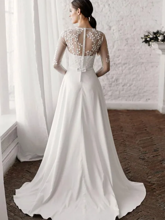White Simple Causal Wedding Dress A-Line Illusion Neckline Long Sleeves Pearls Train Satin Fabric Lace Bridal Gowns Free Customization