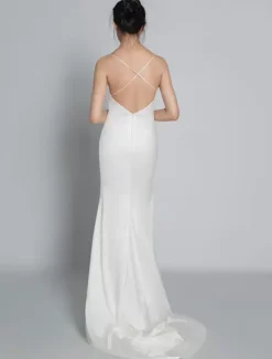 White Simple Mermaid Wedding V-Neck Sleeveless Criss-Cross Spaghetti Straps Lace-Up Backless Satin Fabric Bridal Dresses Free Customization