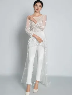 White Simple Wedding Jumpsuit Jewel Neck Long Sleeves Lace A-Line Bridal Jumpsuit Free Customization