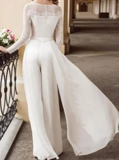 White Simple Wedding Jumpsuit V-Neck Long Sleeves Lace Floor-Length Bridal Dresses Free Customization