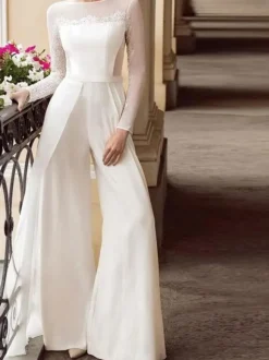 White Simple Wedding Jumpsuit V-Neck Long Sleeves Lace Floor-Length Bridal Dresses Free Customization