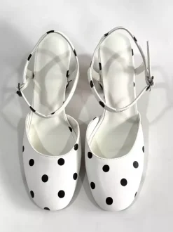 White Vintage Shoes Round Toe Polka Dot Block Heel Pumps