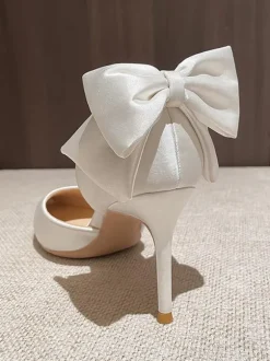 White Wedding Shoes Pointed Toe Bow Detail High Heel Pumps