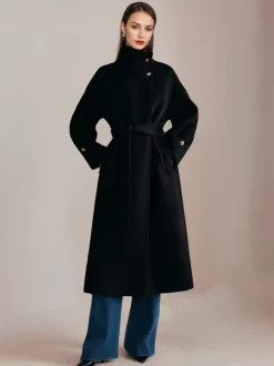 White Wool Cashmere Blend Coat Stand Collar Double-Faced Belted Winter Outerwear For Women 2026