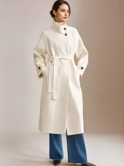 White Wool Cashmere Blend Coat Stand Collar Double-Faced Belted Winter Outerwear For Women 2026