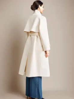 White Wool Cashmere Blend Coat Stand Collar Double-Faced Belted Winter Outerwear For Women 2026