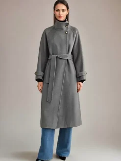 White Wool Cashmere Blend Coat Stand Collar Double-Faced Belted Winter Outerwear For Women 2026