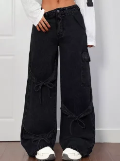 Wide Leg Cargo Jeans For Women - Y2K Retro Bow Tie Strappy Loose Washed Denim Pants - Spring Music Festival Streetwear 2026