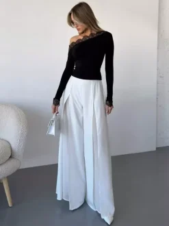 Wide Leg Pants Double Layer Split Mesh Flowy High Waist Women Palazzo Wide Leg Pants