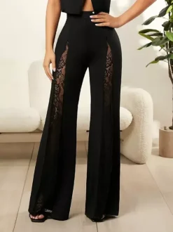 Wide Leg Pants Lace Cutout Side Slit High Waist Flare Women Pants Wide Leg Pants
