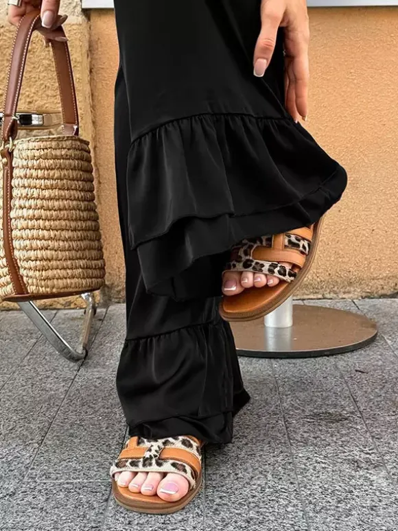 Wide Leg Pants Satin Ruffle Flare Elastic Waist Women Casual Pants Wide Leg Pants