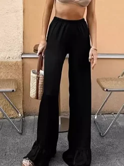 Wide Leg Pants Satin Ruffle Flare Elastic Waist Women Casual Pants Wide Leg Pants