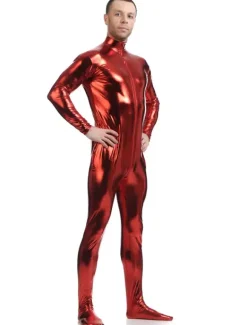 Wine Red Adults Bodysuit Shiny Metallic Catsuit for Men