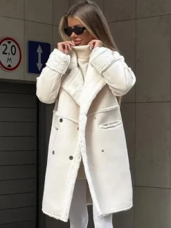 Winter Coat Lapel Plush Sleeves Solid Color Fall Winter Outerwear For Women
