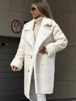 Winter Coat Lapel Plush Sleeves Solid Color Fall Winter Outerwear For Women