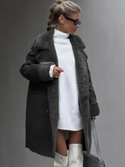 Winter Coat Lapel Plush Sleeves Solid Color Fall Winter Outerwear For Women