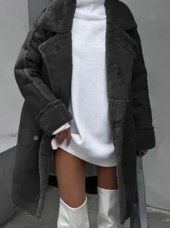 Winter Coat Lapel Plush Sleeves Solid Color Fall Winter Outerwear For Women
