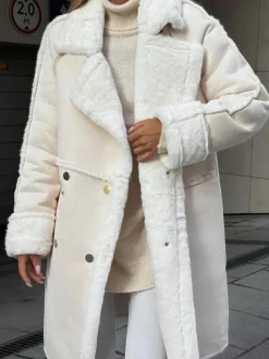 Winter Coat Lapel Plush Sleeves Solid Color Fall Winter Outerwear For Women