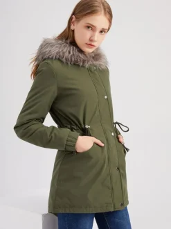 Winter Coats Pink Medium Drawstring Hooded Front Button Long Sleeves Two-Tone Casual Winter Coat Outerwear