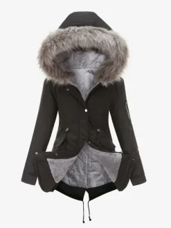Winter Coats Pink Medium Drawstring Hooded Front Button Long Sleeves Two-Tone Casual Winter Coat Outerwear
