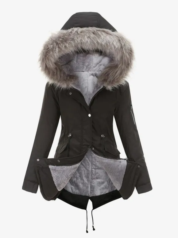 Winter Coats Pink Medium Drawstring Hooded Front Button Long Sleeves Two-Tone Casual Winter Coat Outerwear