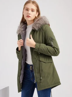 Winter Coats Pink Medium Drawstring Hooded Front Button Long Sleeves Two-Tone Casual Winter Coat Outerwear
