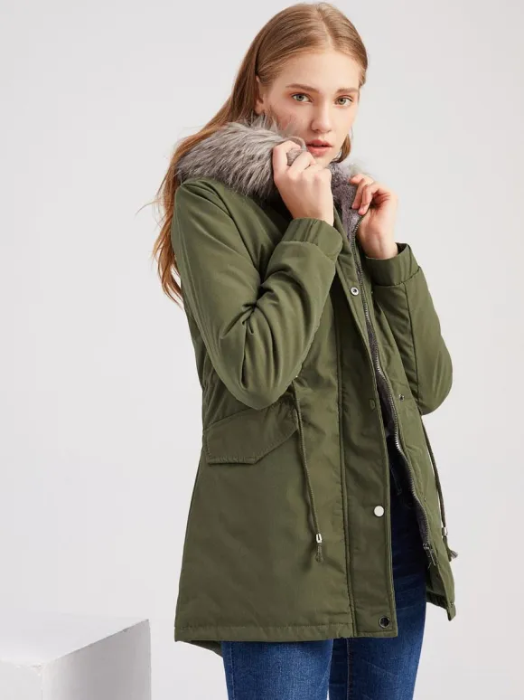 Winter Coats Pink Medium Drawstring Hooded Front Button Long Sleeves Two-Tone Casual Winter Coat Outerwear
