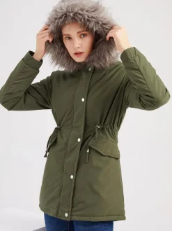 Winter Coats Pink Medium Drawstring Hooded Front Button Long Sleeves Two-Tone Casual Winter Coat Outerwear