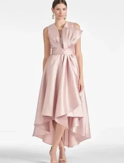 With Cocktail Dress Beautiful A-Line Tea-Length V-Neck Bows Satin Fabric