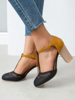 Woman Grey T Strap Heels Round Toe Chunky Heel Pumps