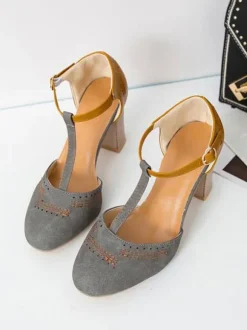 Woman Grey T Strap Heels Round Toe Chunky Heel Pumps