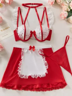 Woman Maid Costume Skirt T-back Top Servant Girl Bra Set