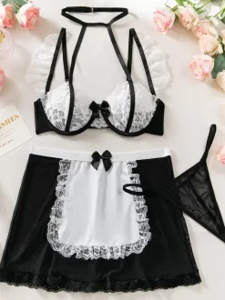 Woman Maid Costume Skirt T-back Top Servant Girl Bra Set