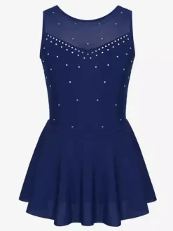 Women And Girl Skating Dress Aqua Polyester Sleeveless Rhineston Skating Dance Costumes