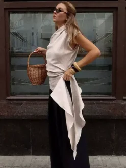 Women Asymmetric One Shoulder Sleeveless Top Side Ruched Draped Sash Blouse