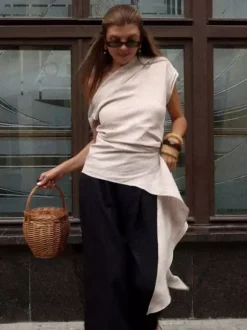 Women Asymmetric One Shoulder Sleeveless Top Side Ruched Draped Sash Blouse