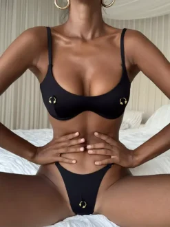 Women Bikini Swimsuit Black Summer Sexy Swimwear Bra T-back Sets