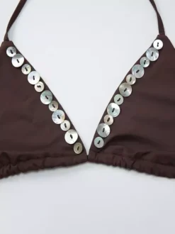 Women Bikini Swimsuit Coffee Brown Sequins Summer Sexy Swimwear