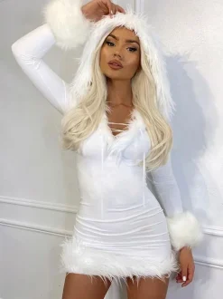 Women Bodycon Dress White Hooded Long Sleeves Stretch Christmas Halloween Cos Holiday Dresses