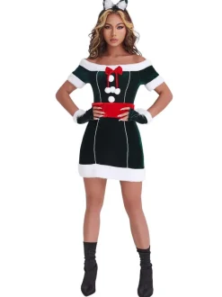 Women Christmas Costume Full Set Tunic Dress Deep Green Polyester Fiber Sash Dress Gloves Polyester Color Block Christmas Holidays Costumes