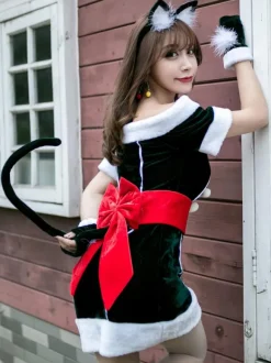 Women Christmas Costume Full Set Tunic Dress Deep Green Polyester Fiber Sash Dress Gloves Polyester Color Block Christmas Holidays Costumes