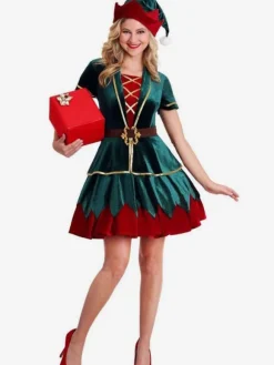 Women Christmas Costume Green Polyester Fiber Dress Hat Color Block Holidays Costumes Full Set